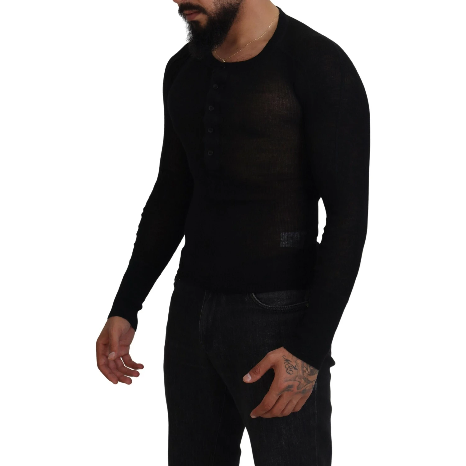 Black Cashmere Button Pullover Sweater