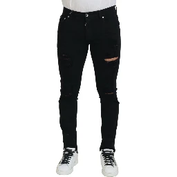 Black Slim Fit Tattered Denim Cotton Jeans
