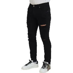 Black Slim Fit Tattered Denim Cotton Jeans