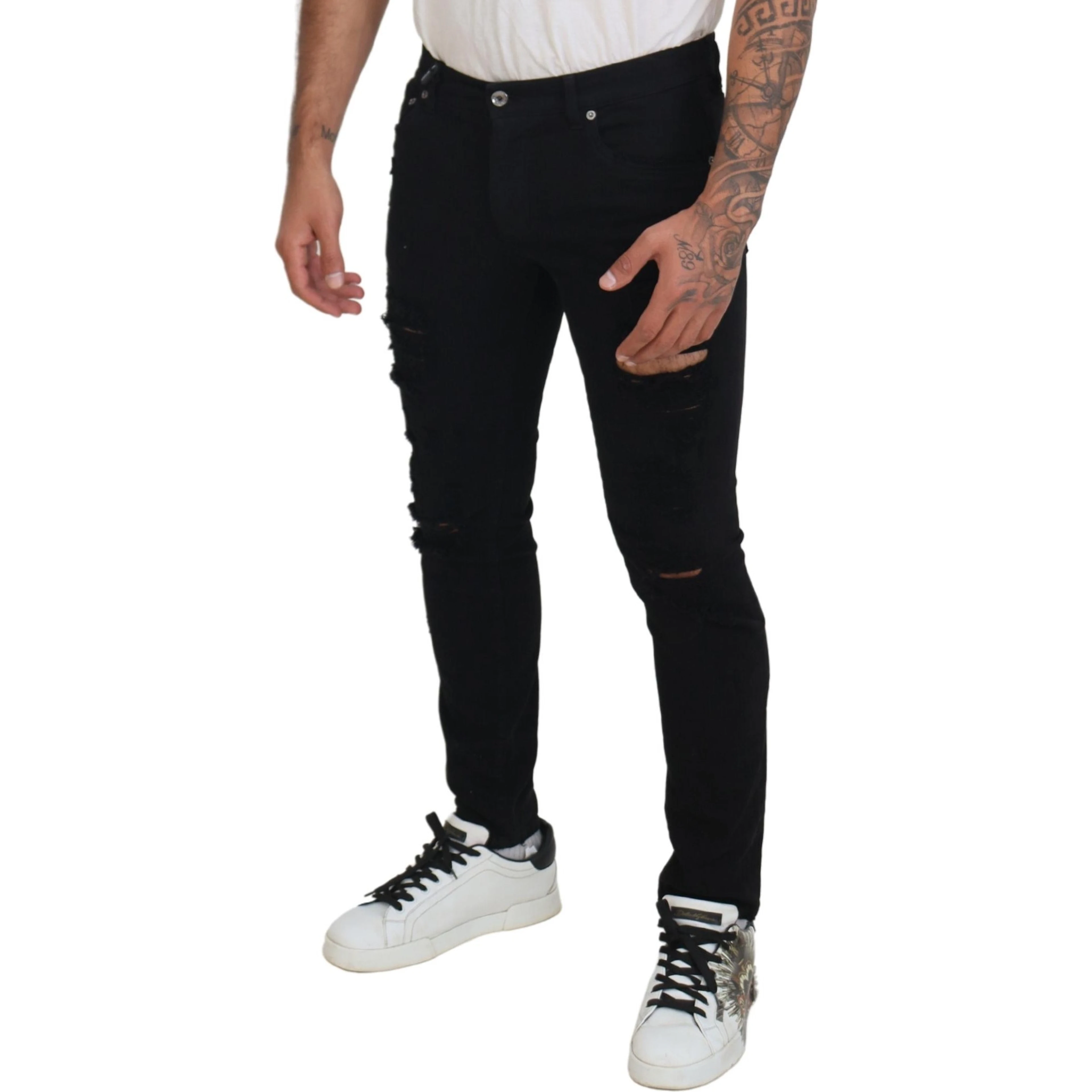 Black Slim Fit Tattered Denim Cotton Jeans
