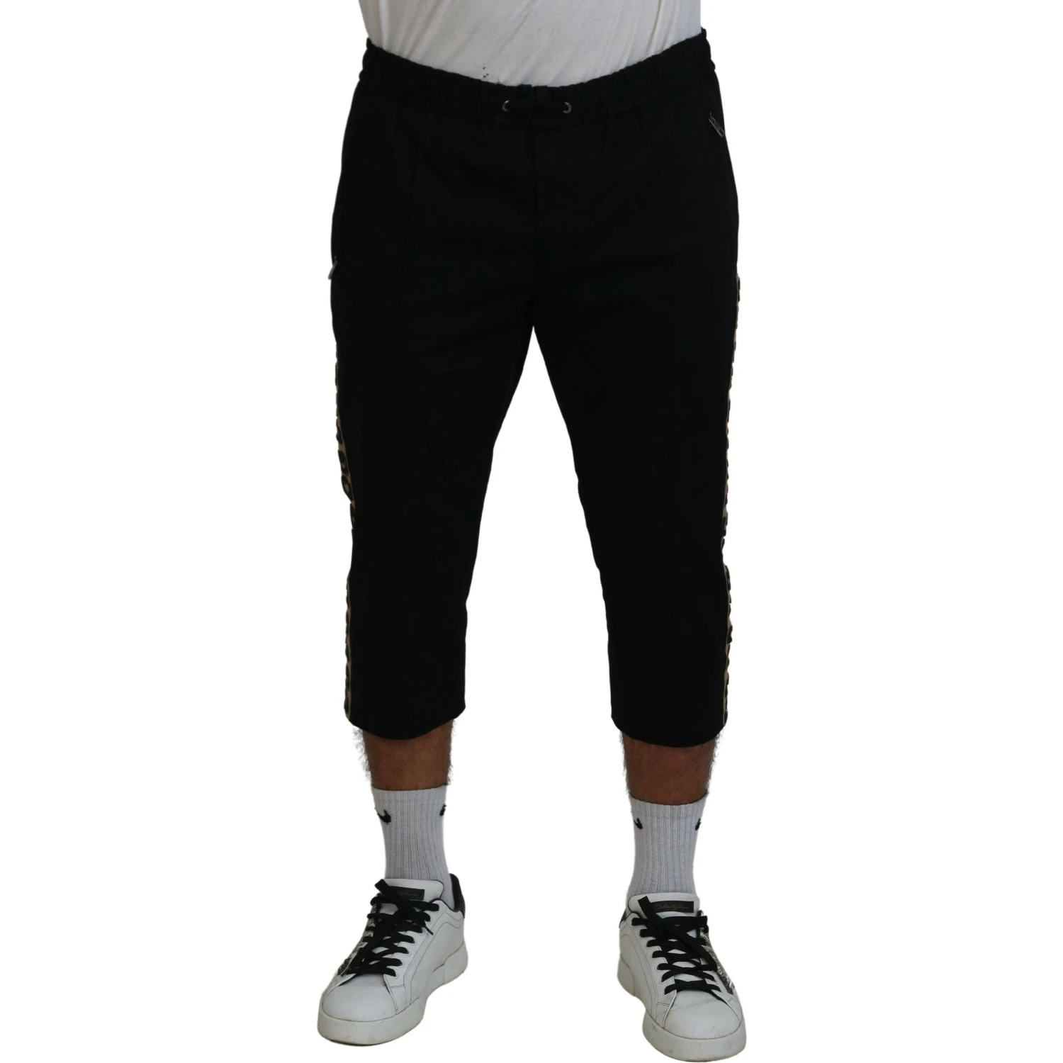 Black Cotton Elastic Waist DG Logo Cropped Pants