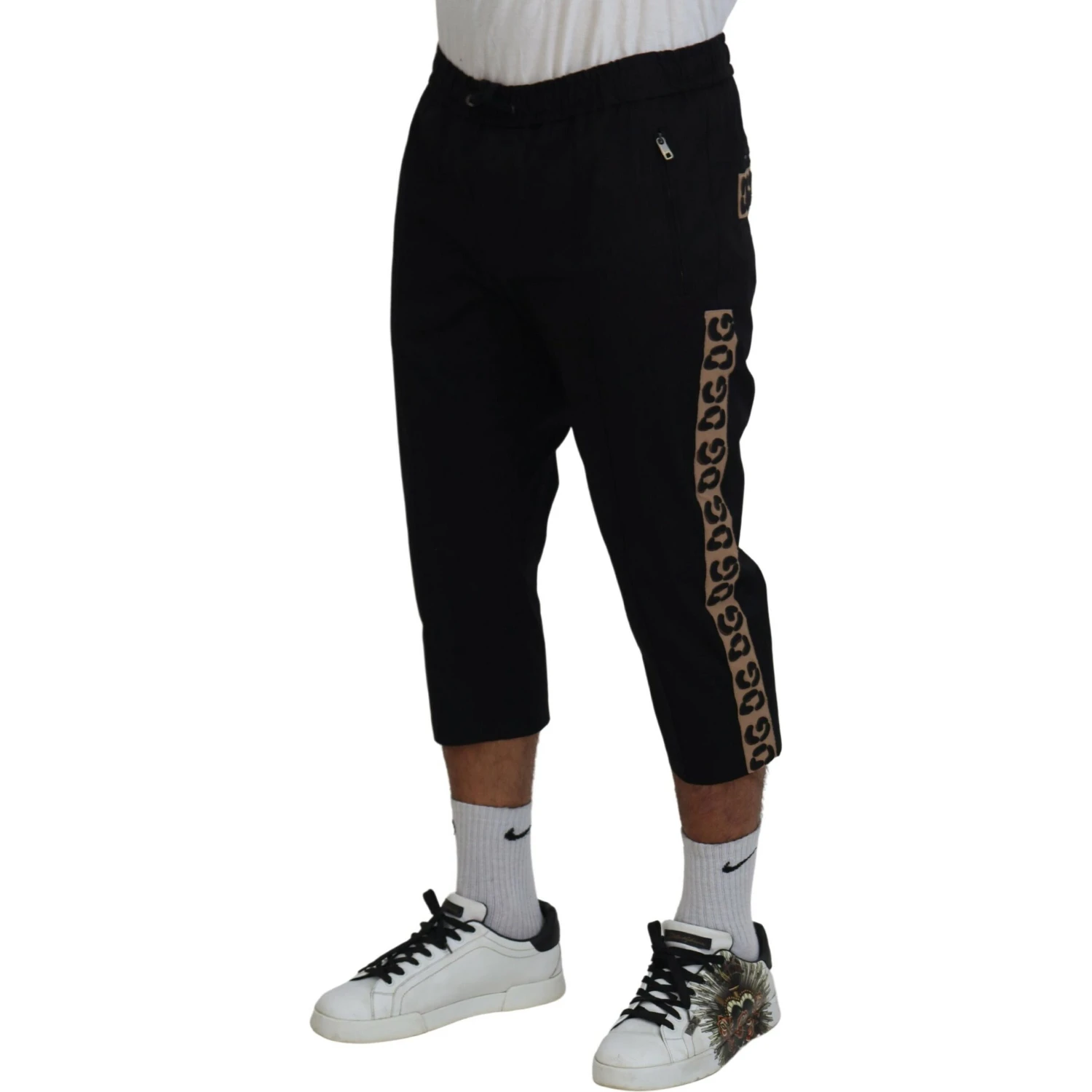 Black Cotton Elastic Waist DG Logo Cropped Pants