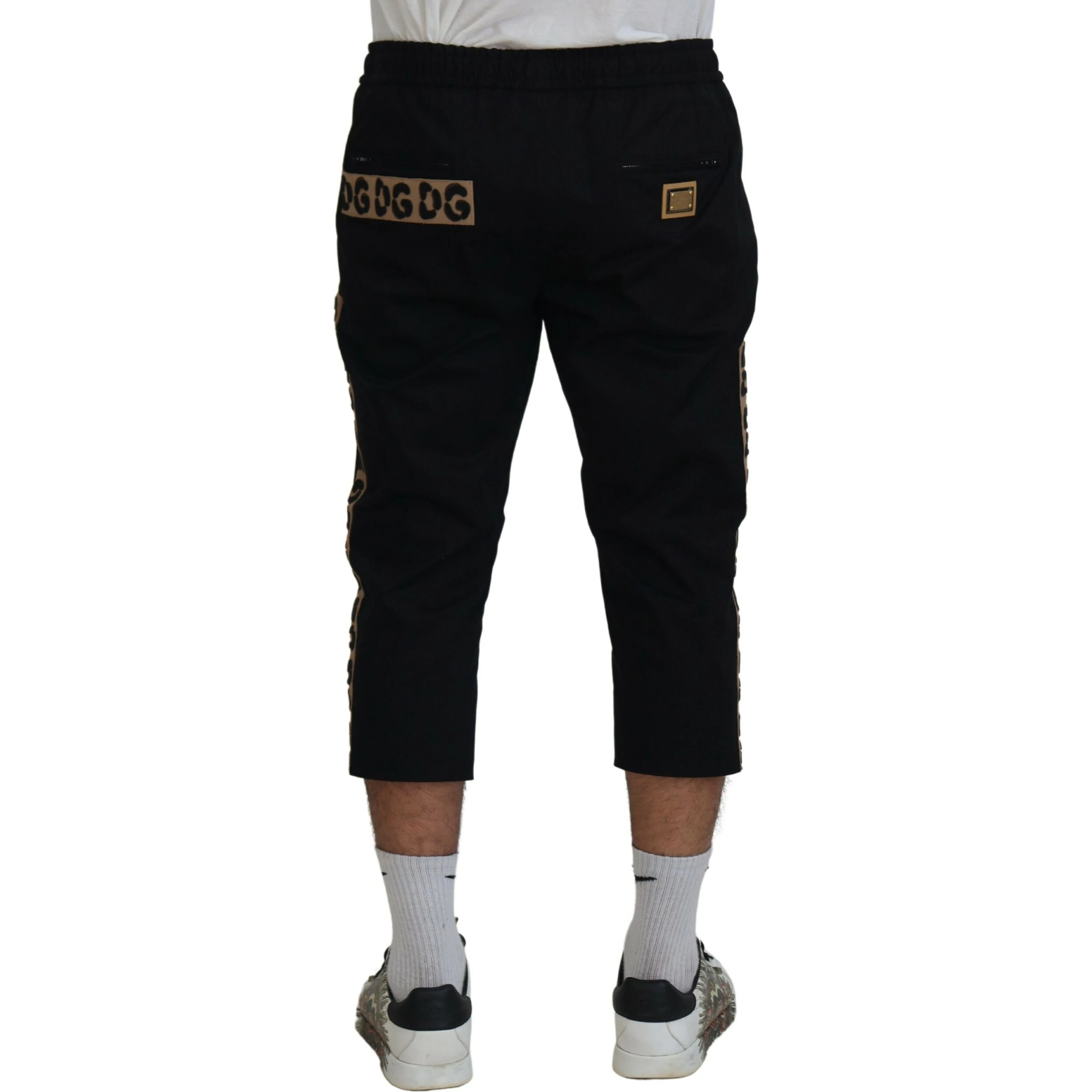 Black Cotton Elastic Waist DG Logo Cropped Pants