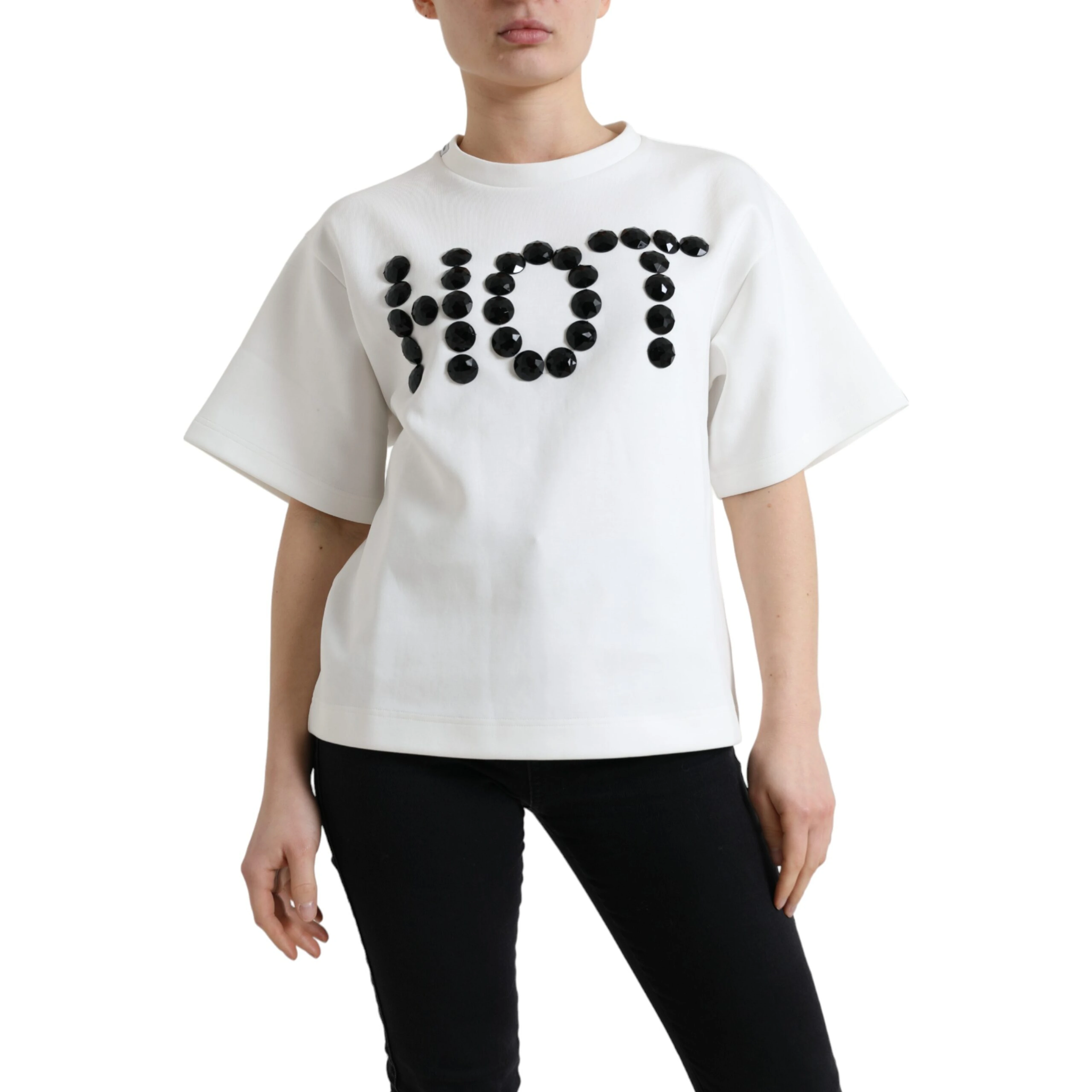 T-shirt White Cotton Stretch Black HOT Crystal