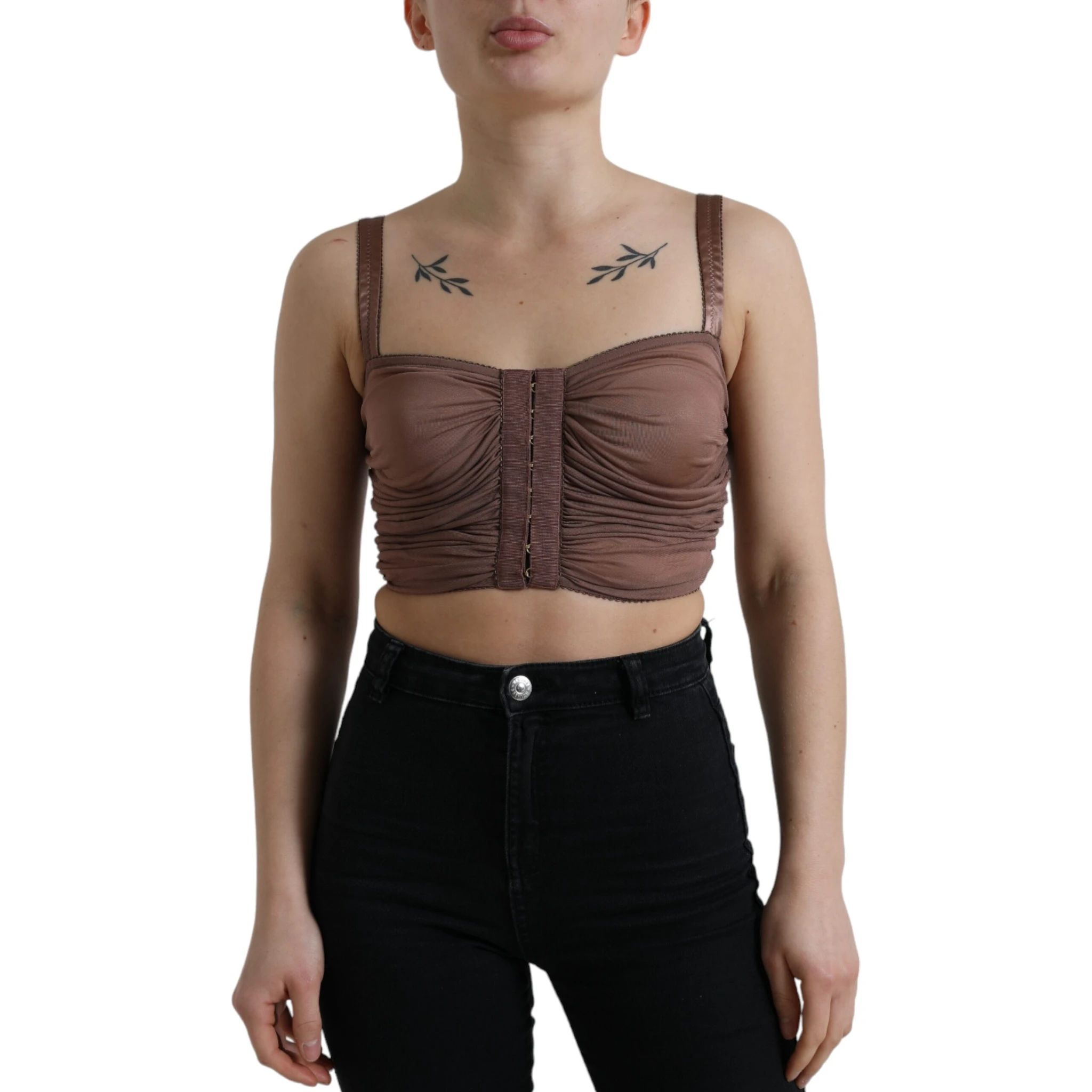 Brown Viscose Bustier Sleeveless Cropped Top