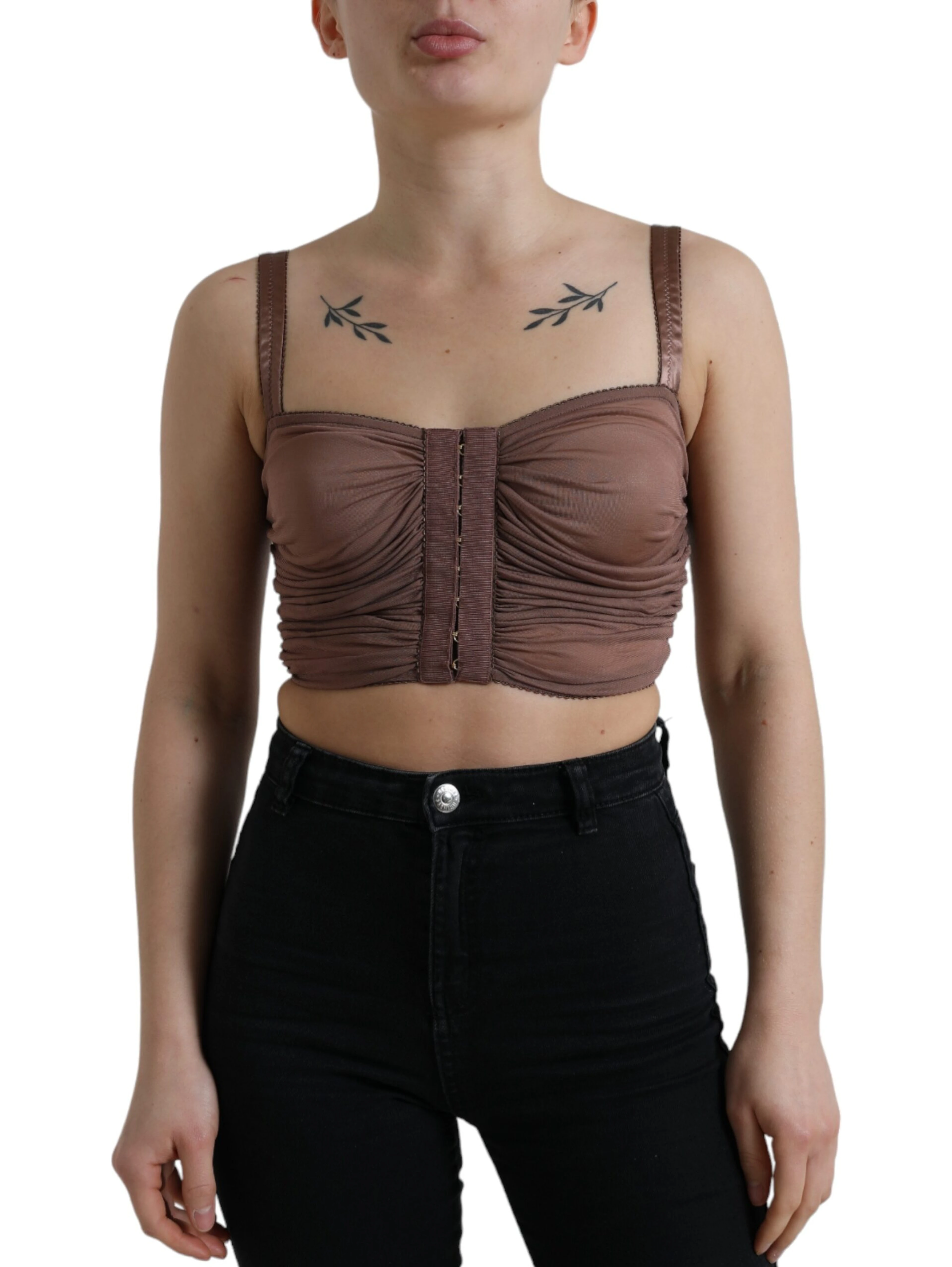 Brown Viscose Bustier Sleeveless Cropped Top