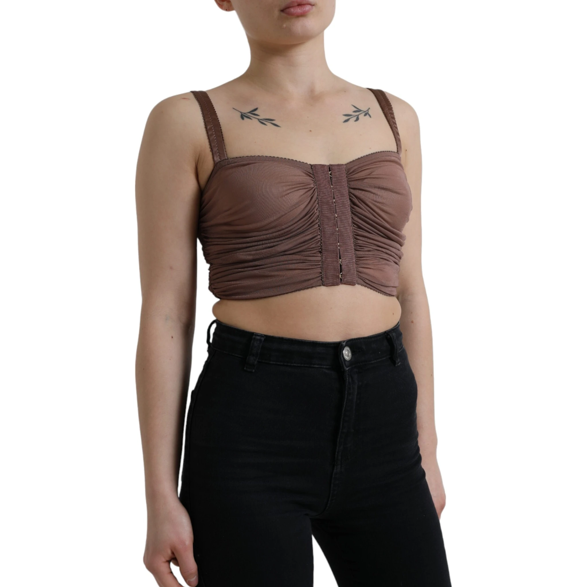 Brown Viscose Bustier Sleeveless Cropped Top
