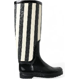 Black Rubber Knee High Flat Boots Shoes