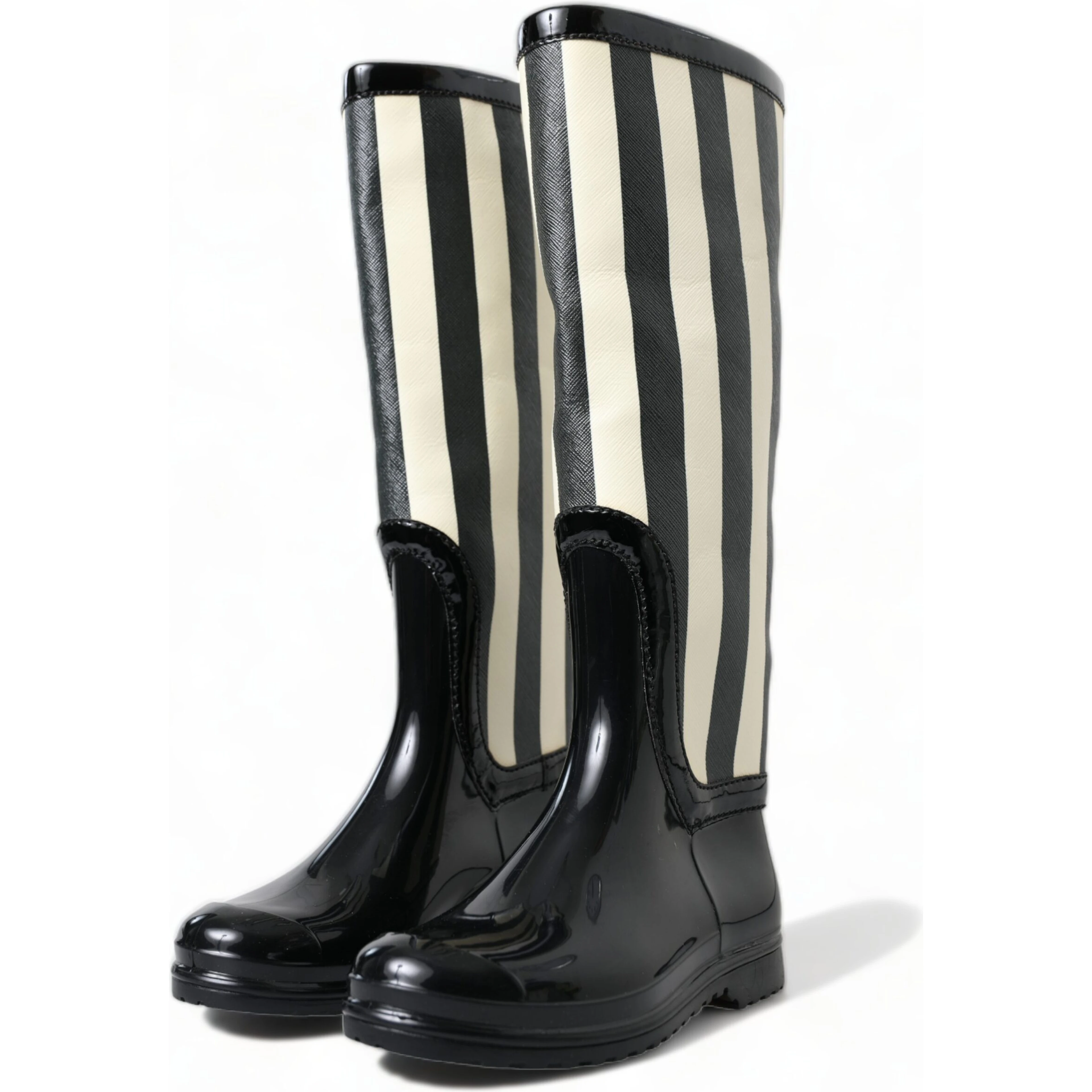 Black Rubber Knee High Flat Boots Shoes