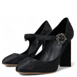 Black Brocade Mary Janes Heels Pumps Shoes