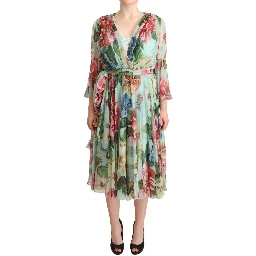 Multicolor Green Floral Silk Wrap Midi Dress