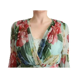 Multicolor Green Floral Silk Wrap Midi Dress