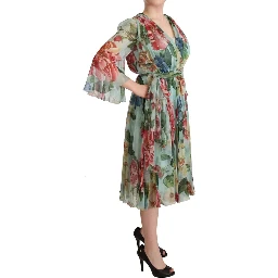 Multicolor Green Floral Silk Wrap Midi Dress