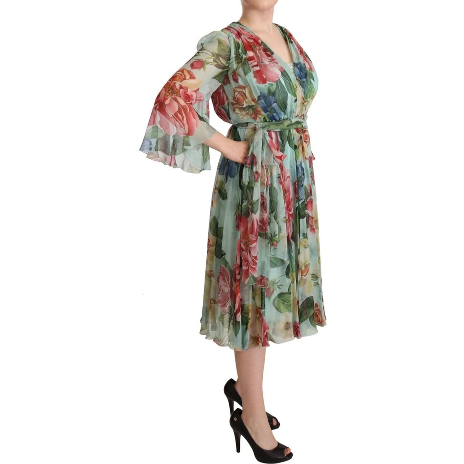 Multicolor Green Floral Silk Wrap Midi Dress