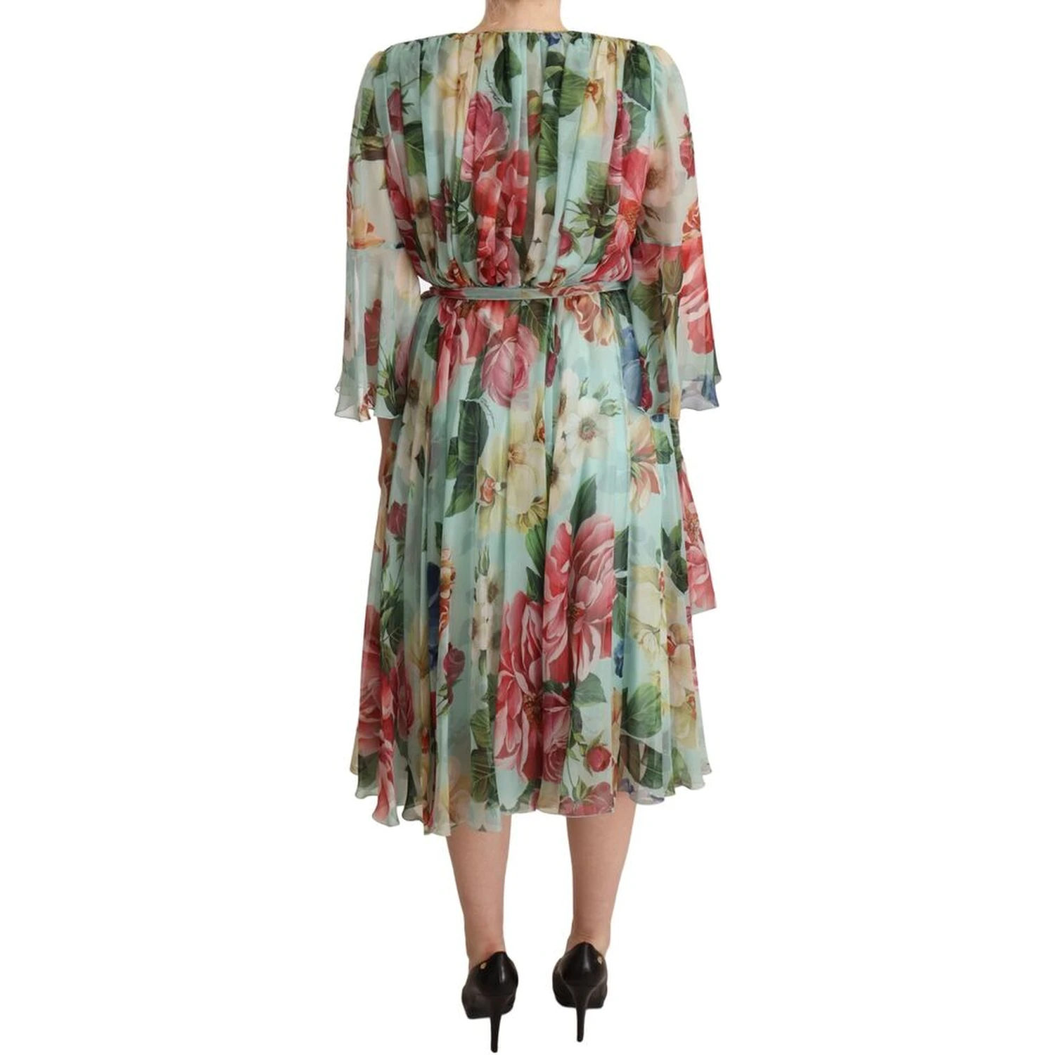 Multicolor Green Floral Silk Wrap Midi Dress