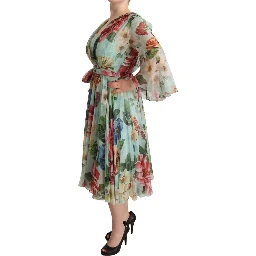 Multicolor Green Floral Silk Wrap Midi Dress