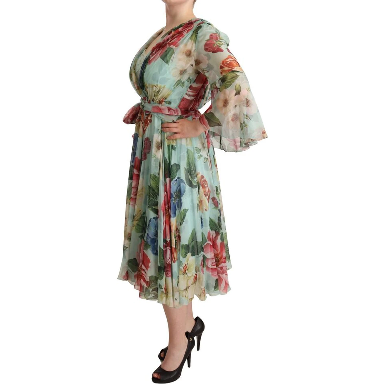 Multicolor Green Floral Silk Wrap Midi Dress
