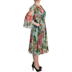 Multicolor Green Floral Silk Wrap Midi Dress