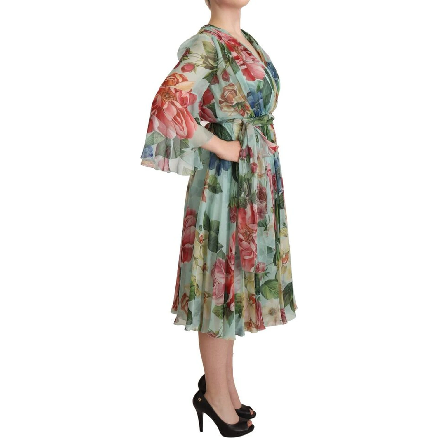 Multicolor Green Floral Silk Wrap Midi Dress