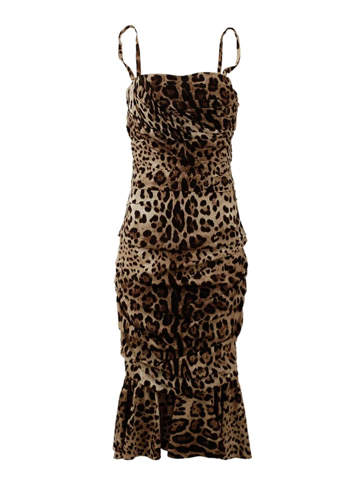 Brown Leopard Print Ruched Midi Dress
