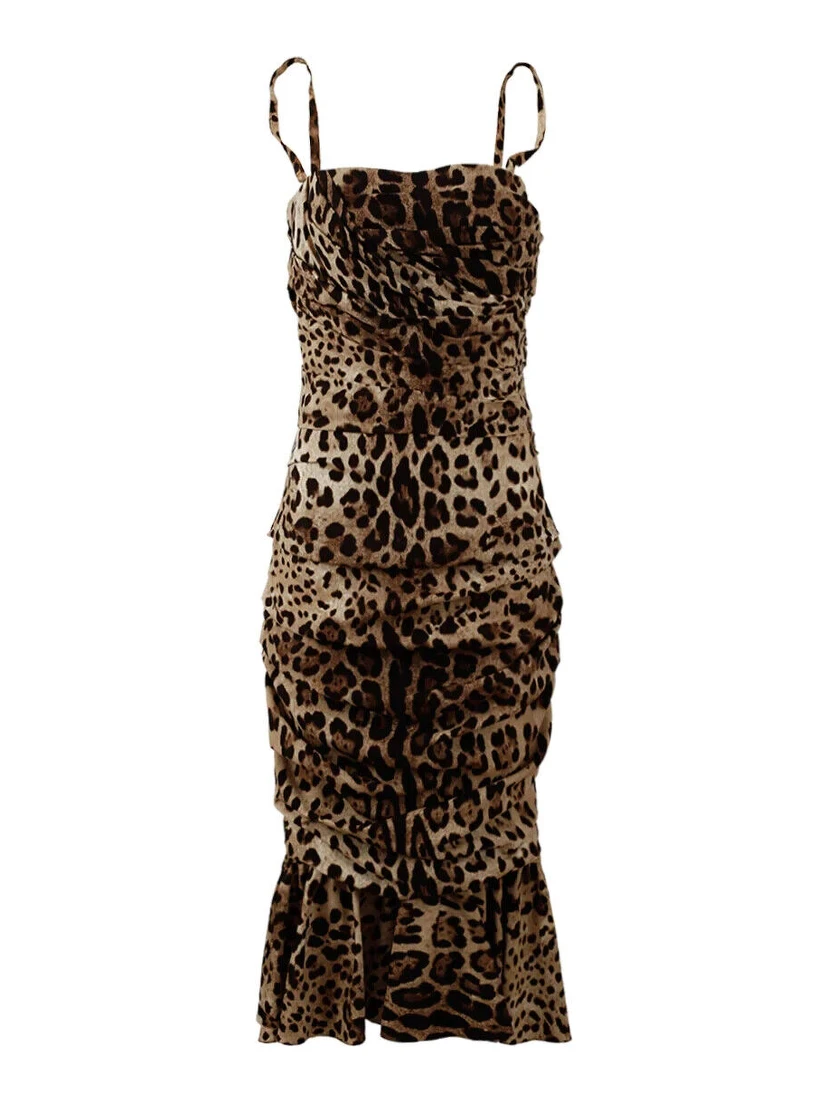 Brown Leopard Print Ruched Midi Dress