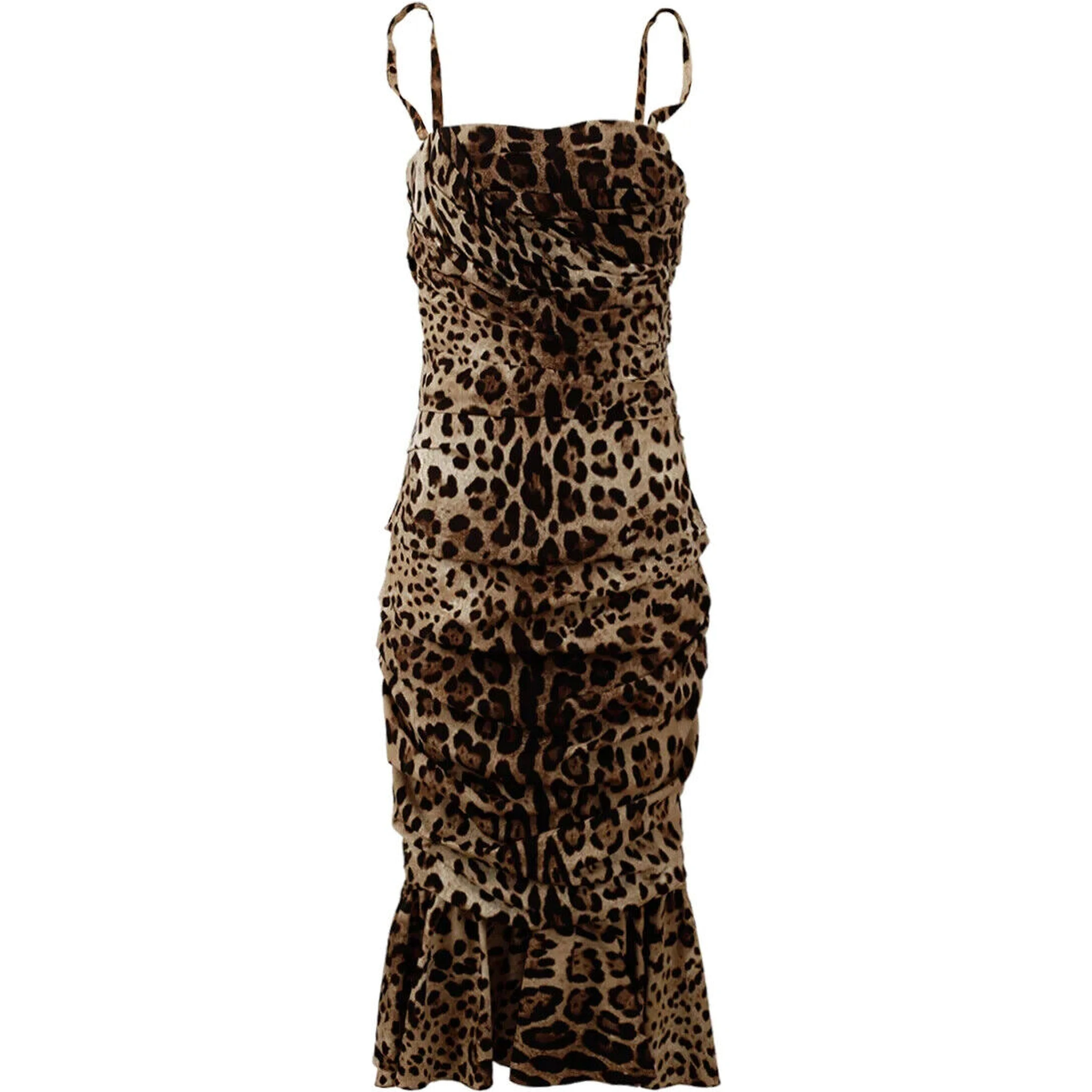 Brown Leopard Print Ruched Midi Dress