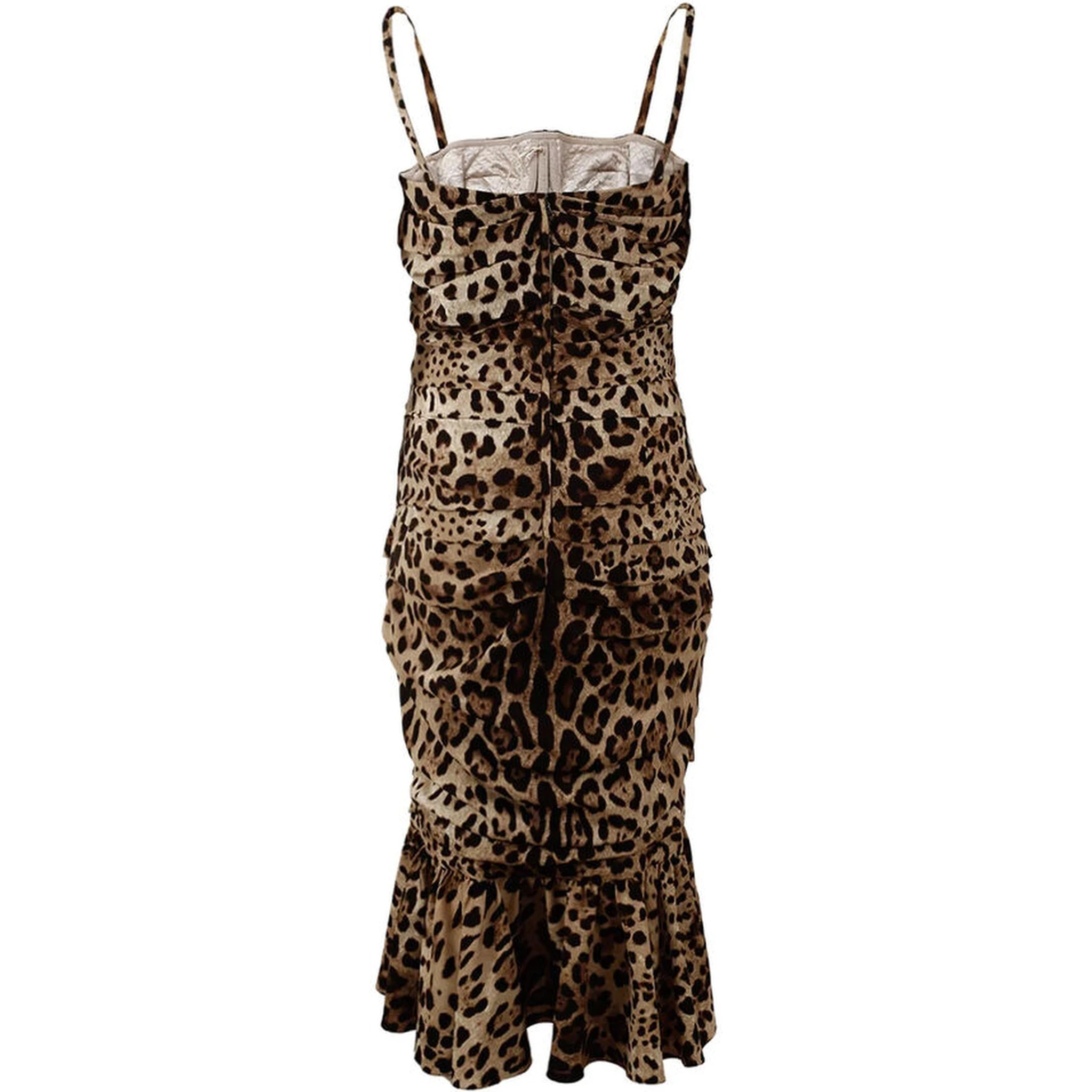 Brown Leopard Print Ruched Midi Dress