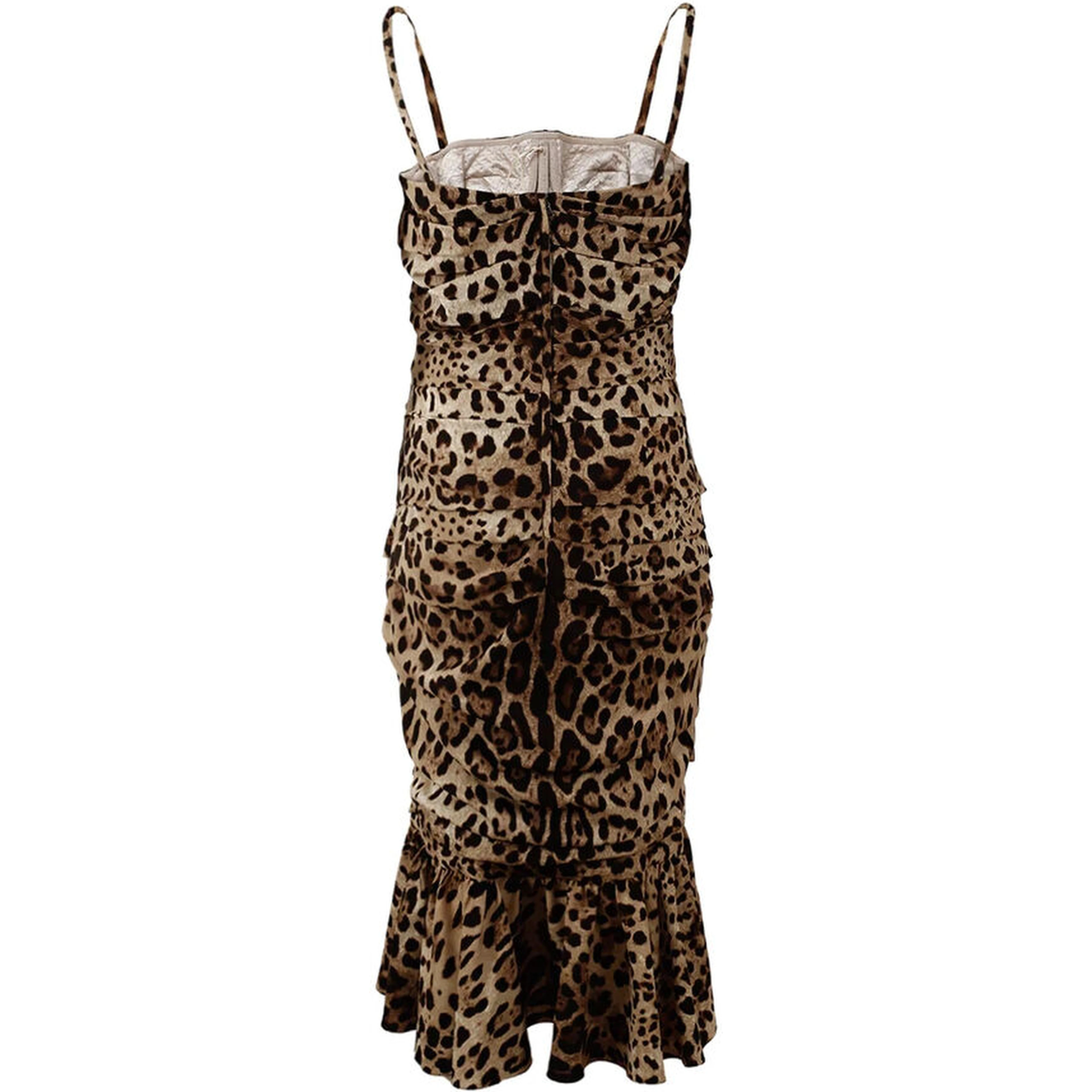 Brown Leopard Print Ruched Midi Dress