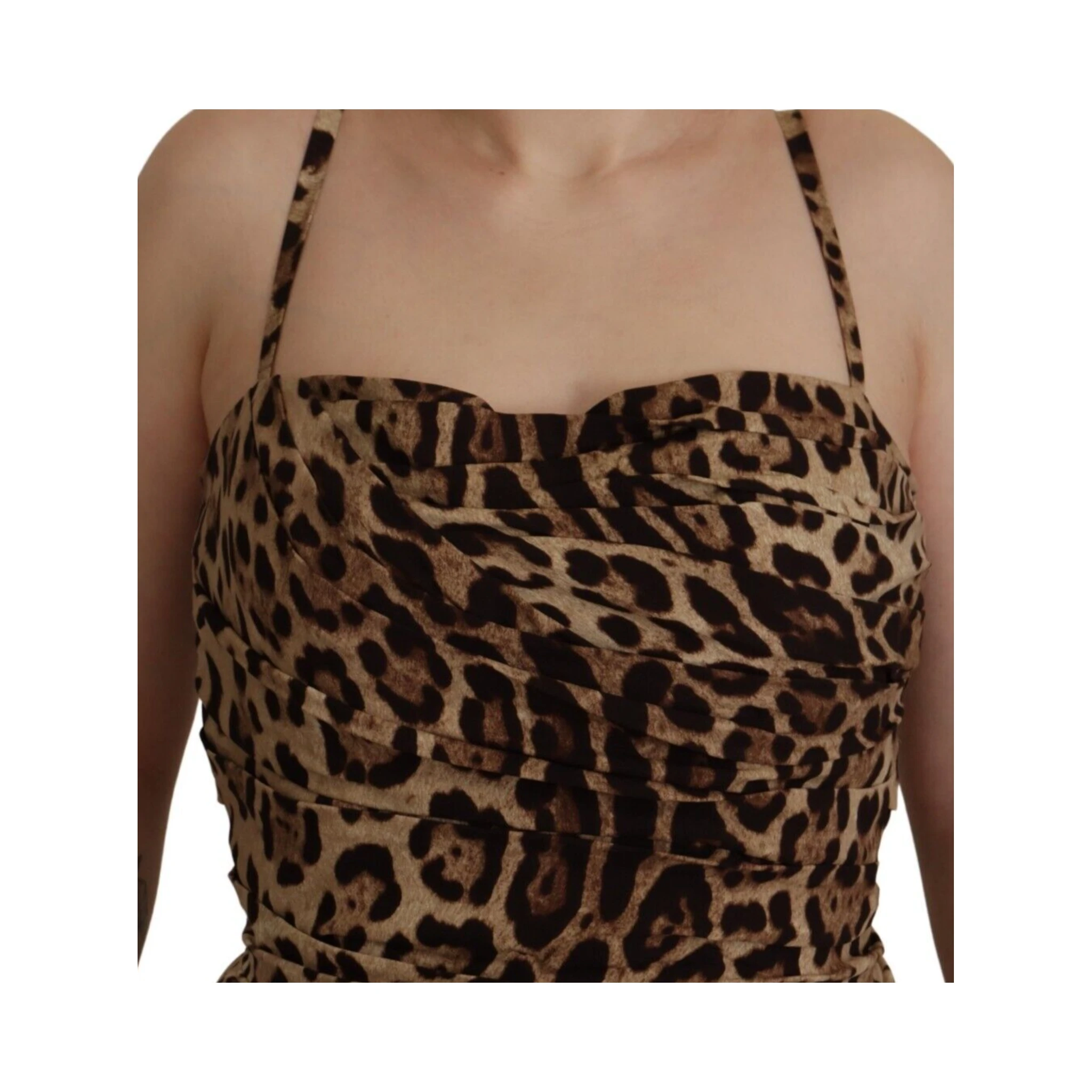 Brown Leopard Print Ruched Midi Dress
