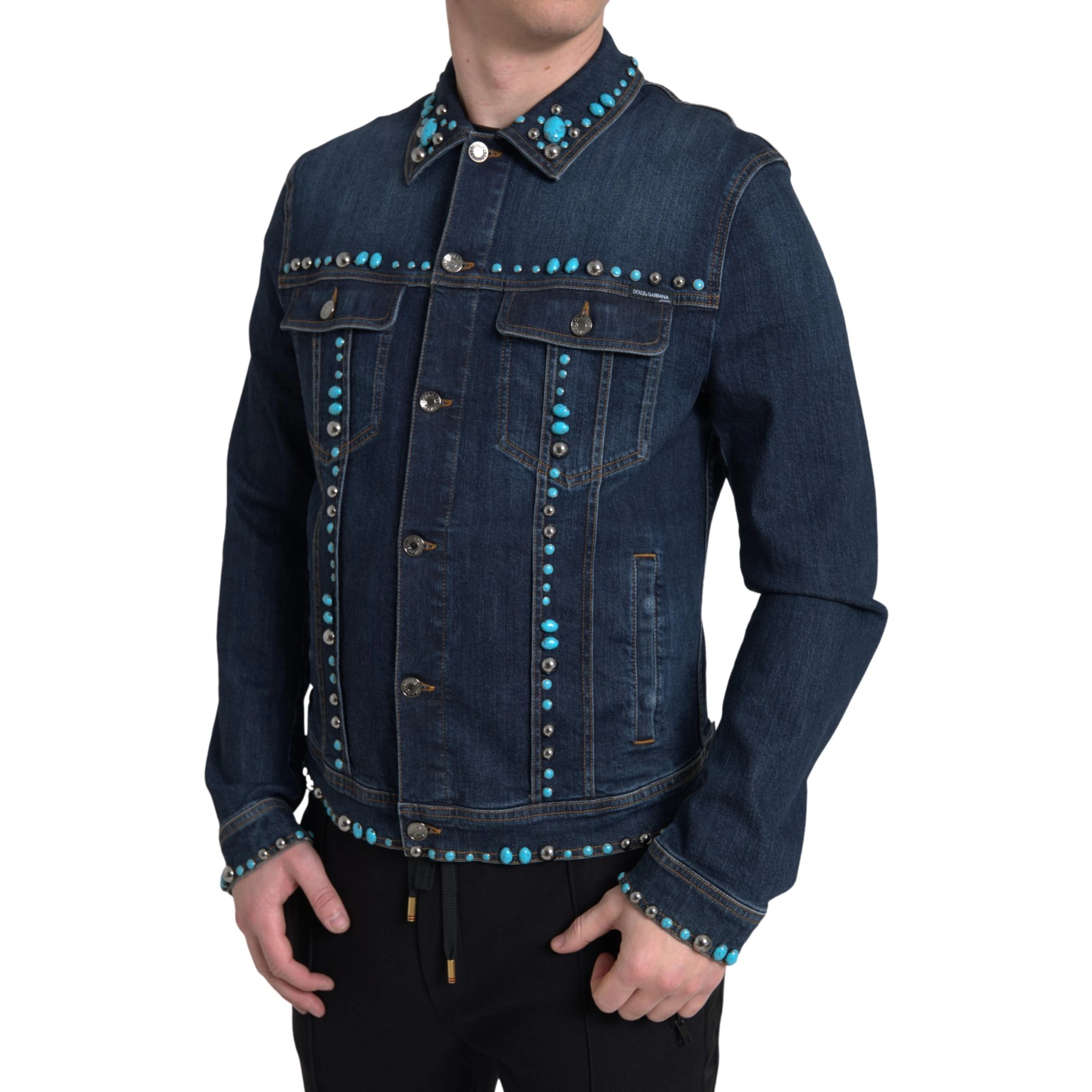 Blue Denim Turquoise Stones Studded Jacket