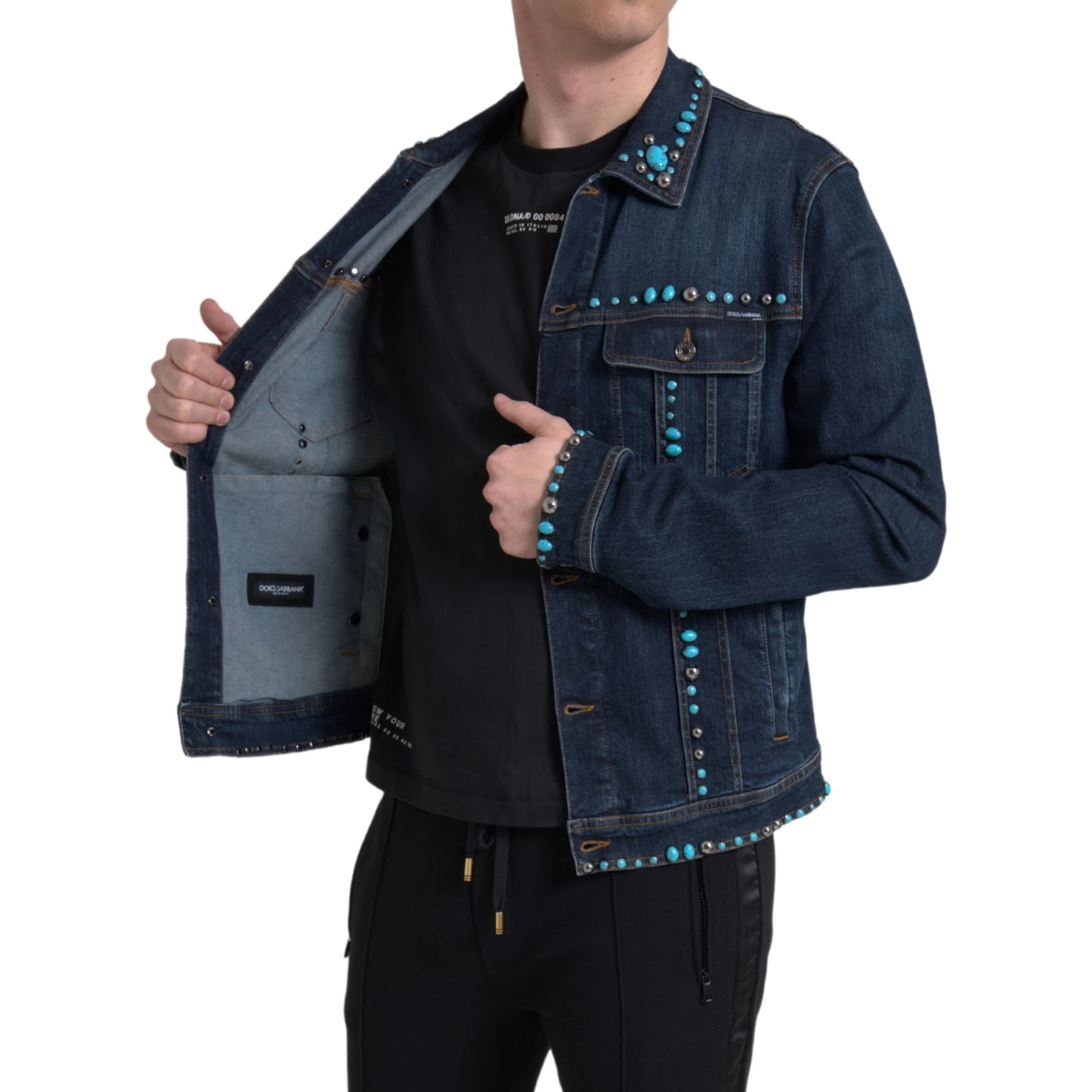 Blue Denim Turquoise Stones Studded Jacket