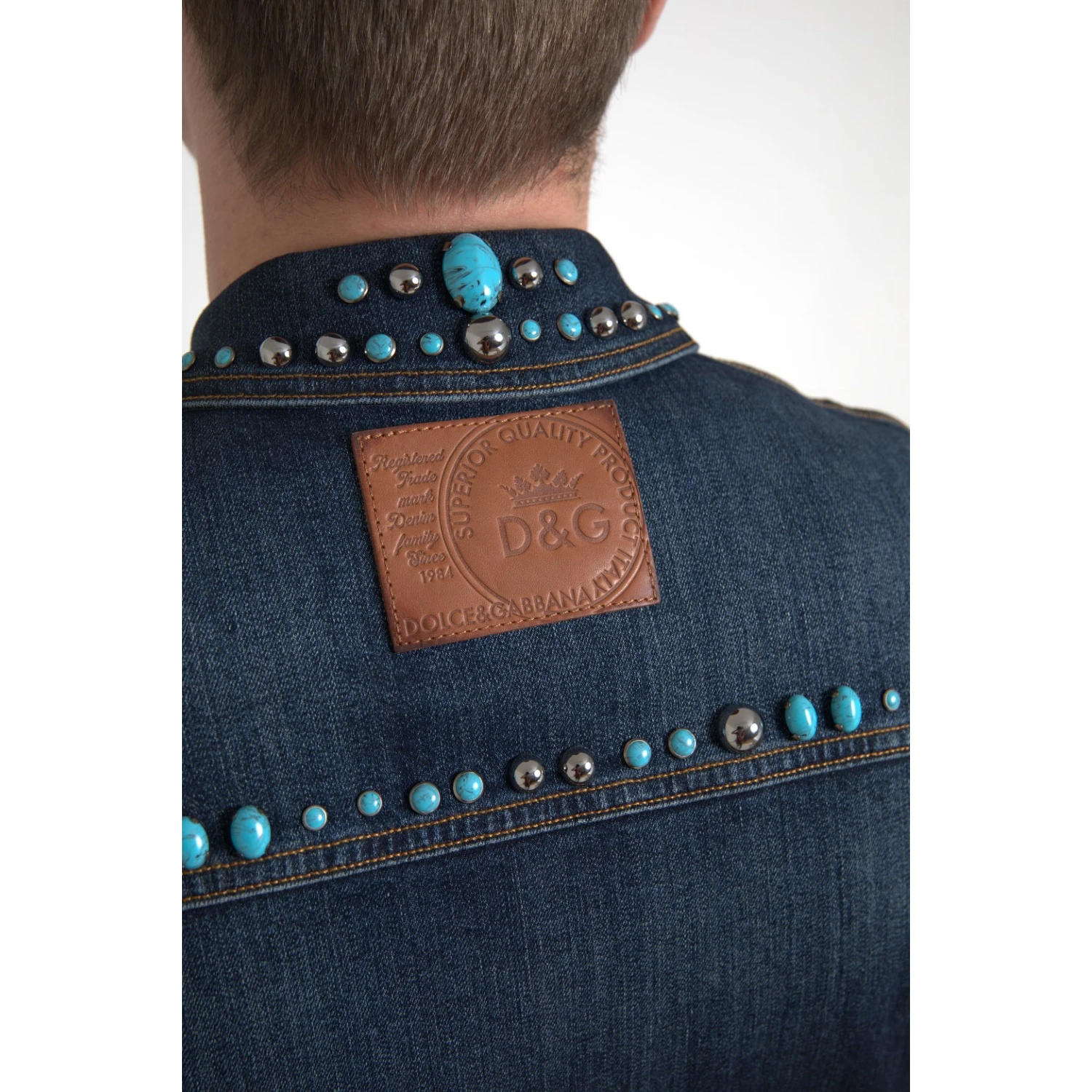 Blue Denim Turquoise Stones Studded Jacket