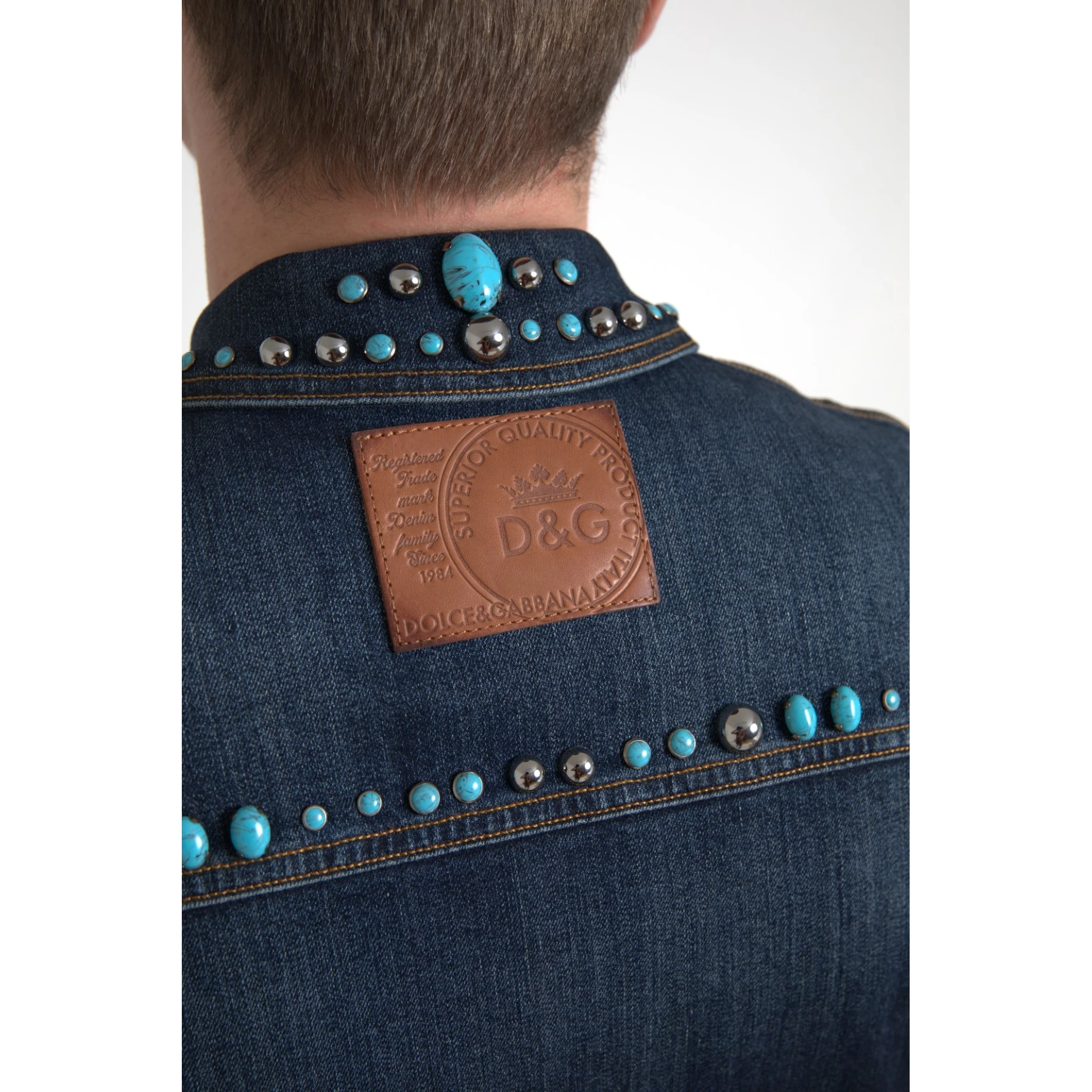 Blue Denim Turquoise Stones Studded Jacket