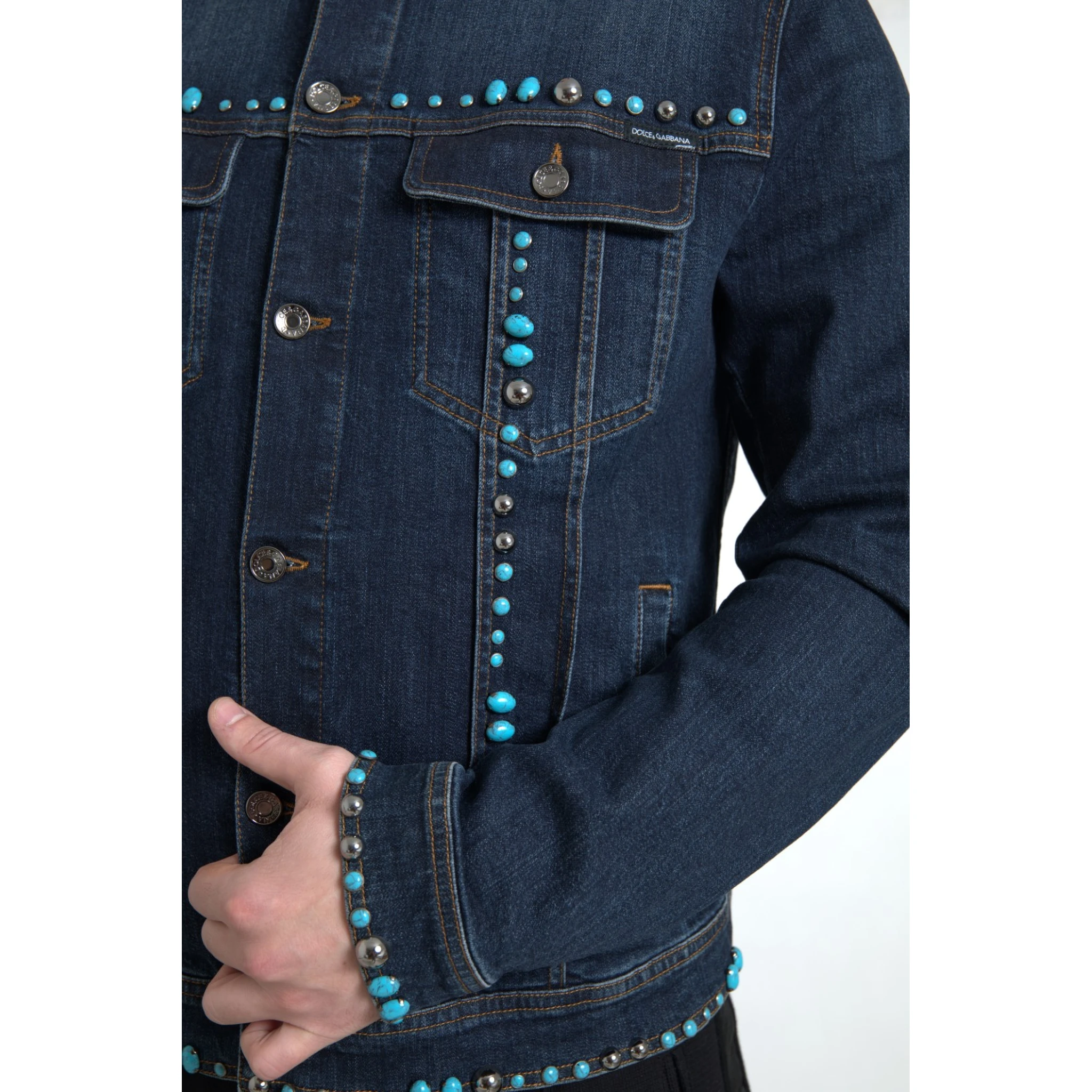 Blue Denim Turquoise Stones Studded Jacket