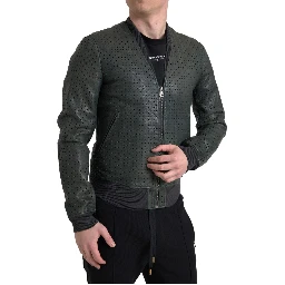 Green Perforated Leather Bomber Jacket