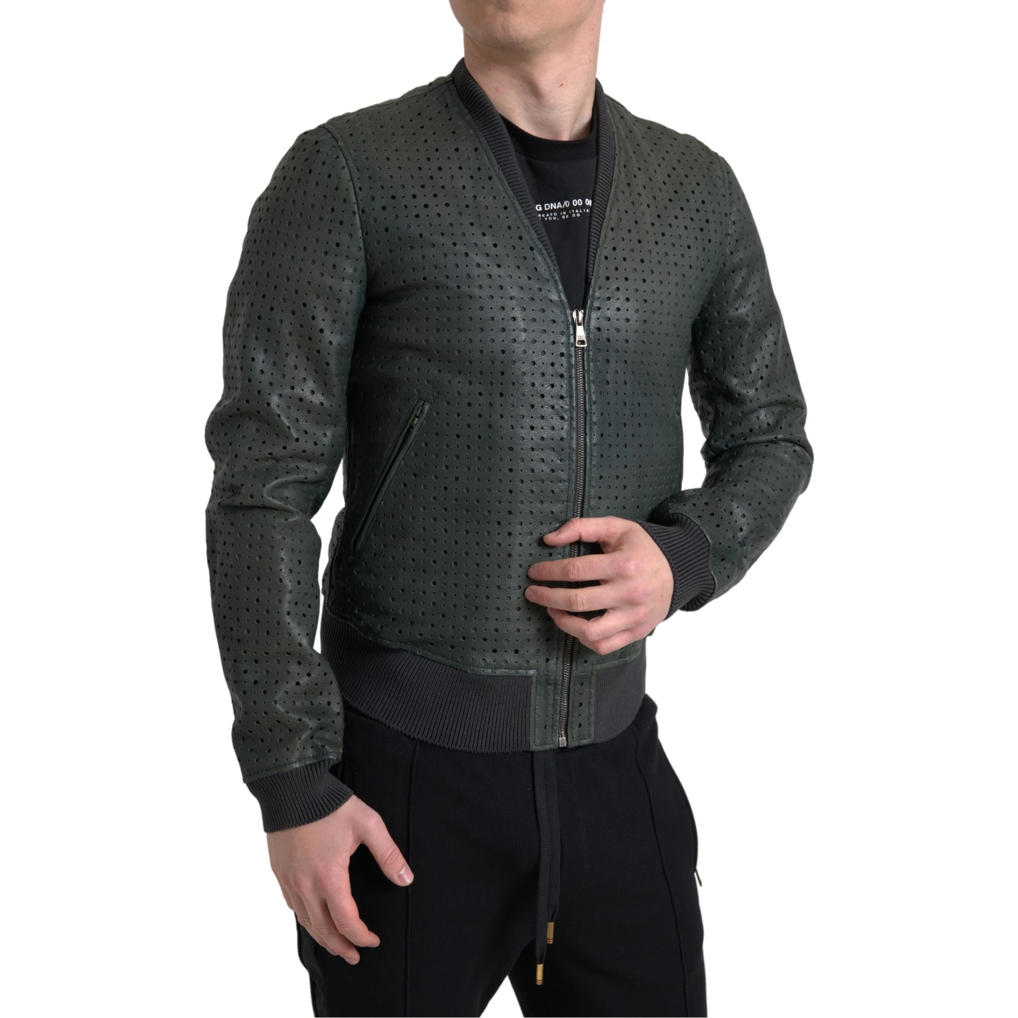 Green Perforated Leather Bomber Jacket