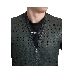 Green Perforated Leather Bomber Jacket