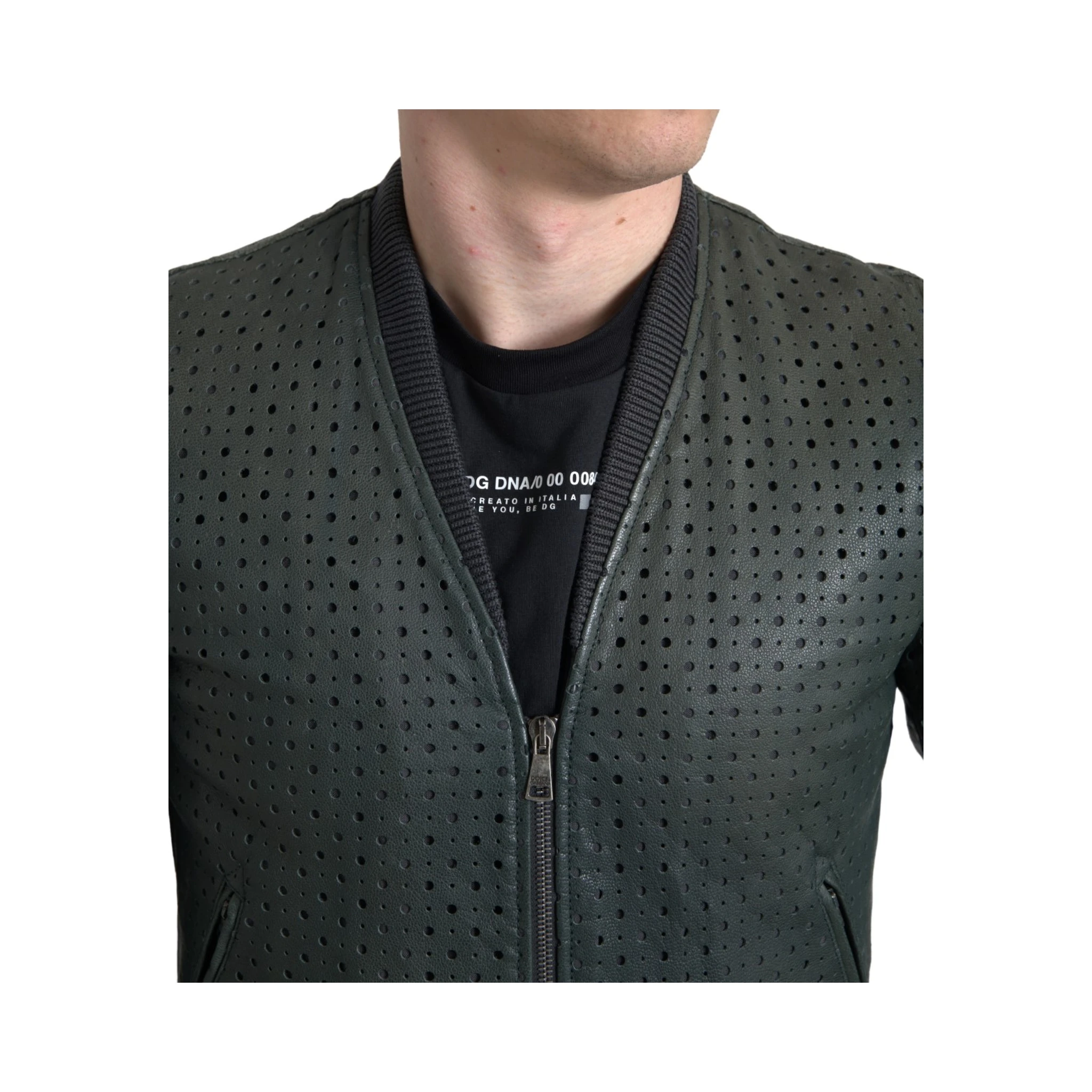 Green Perforated Leather Bomber Jacket