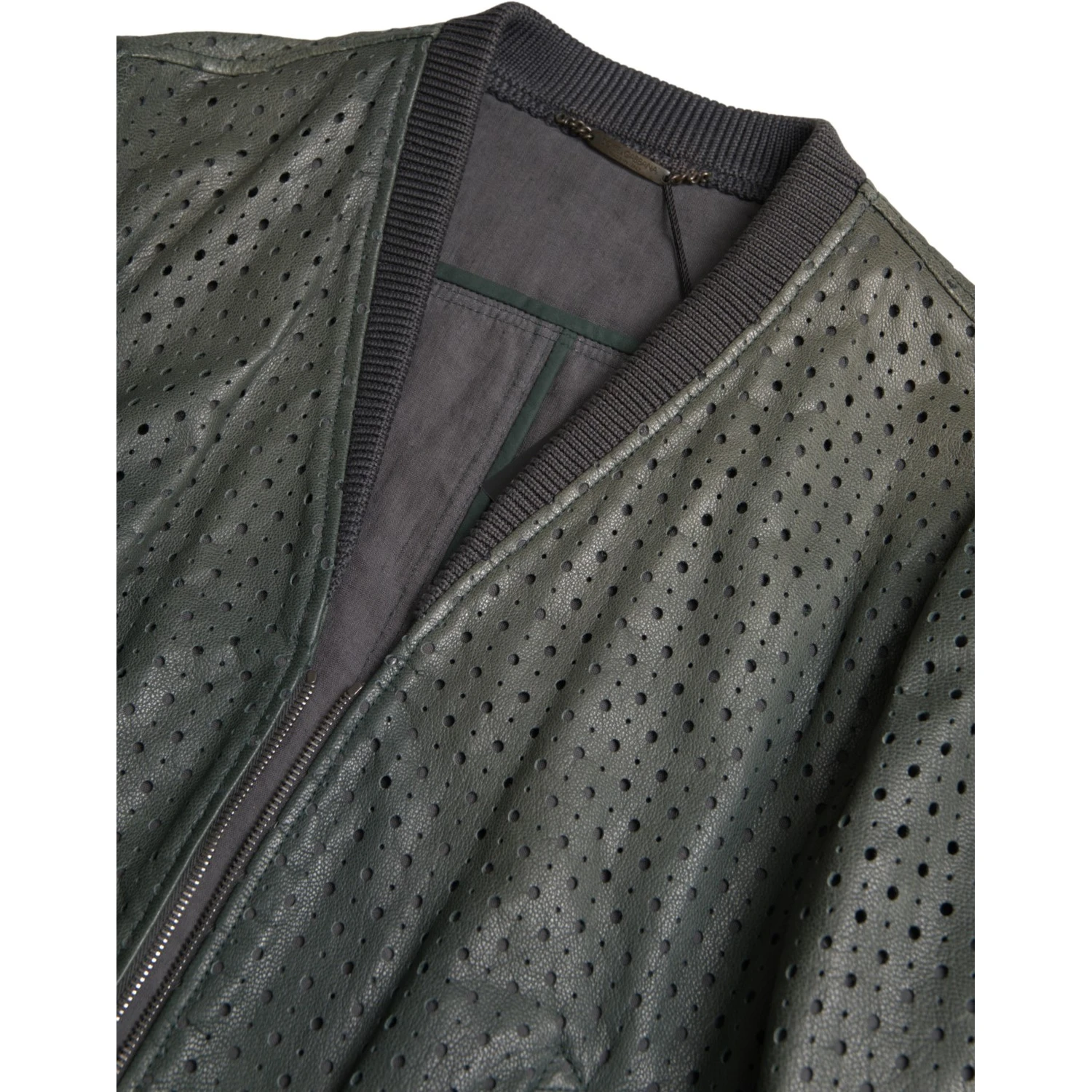 Green Perforated Leather Bomber Jacket