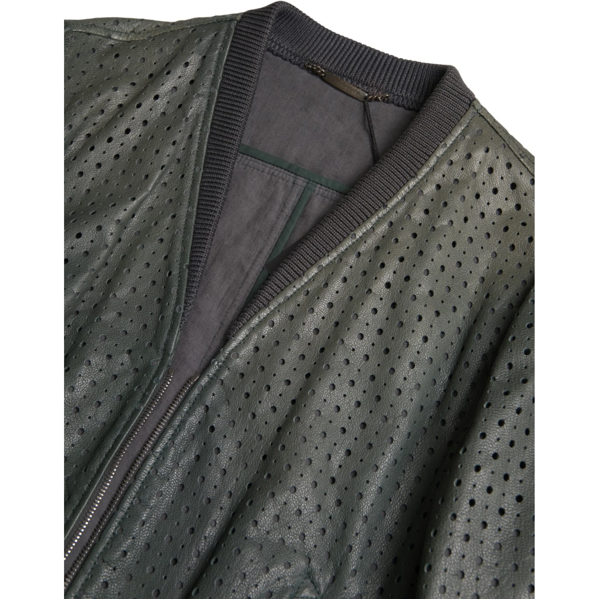 Green Perforated Leather Bomber Jacket