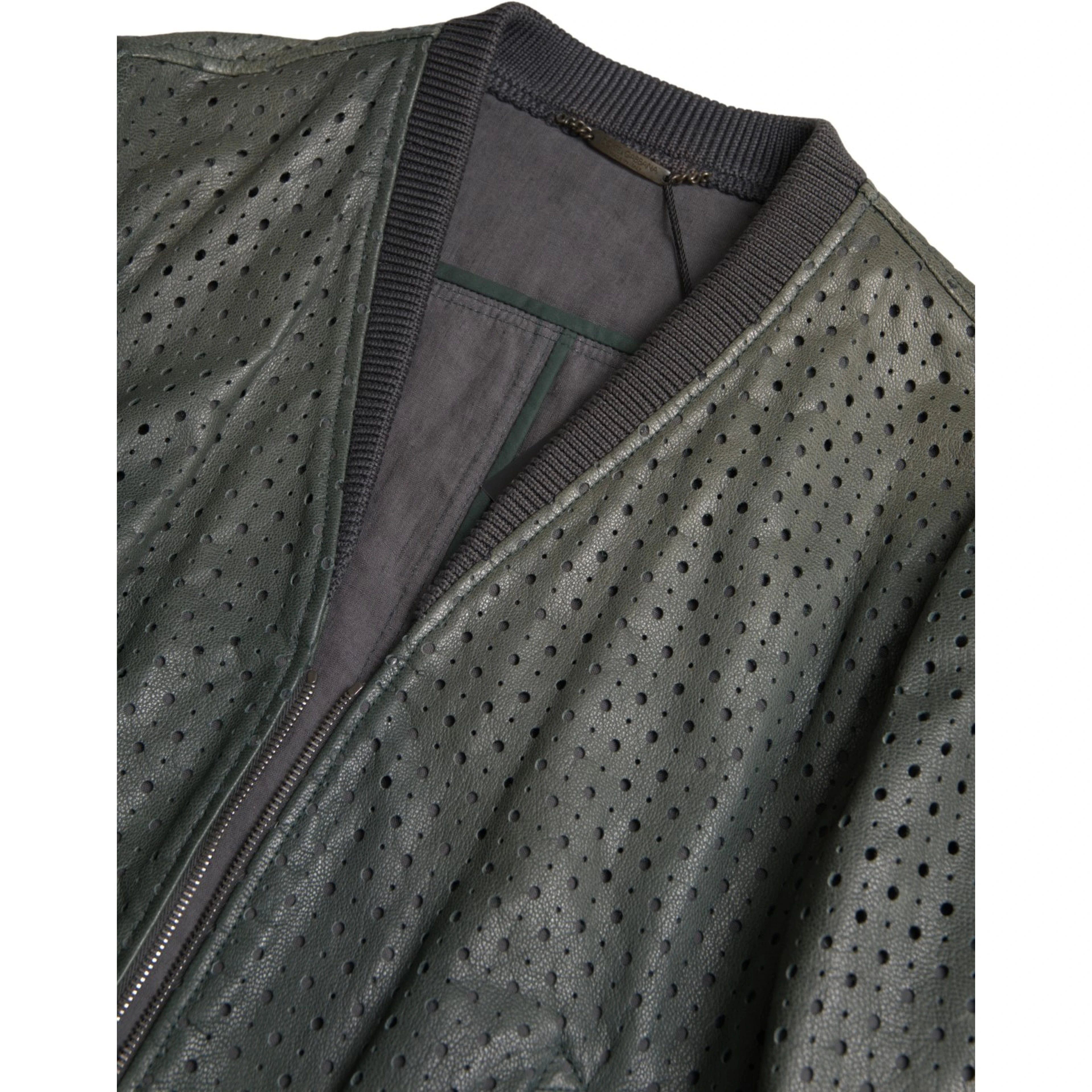 Green Perforated Leather Bomber Jacket