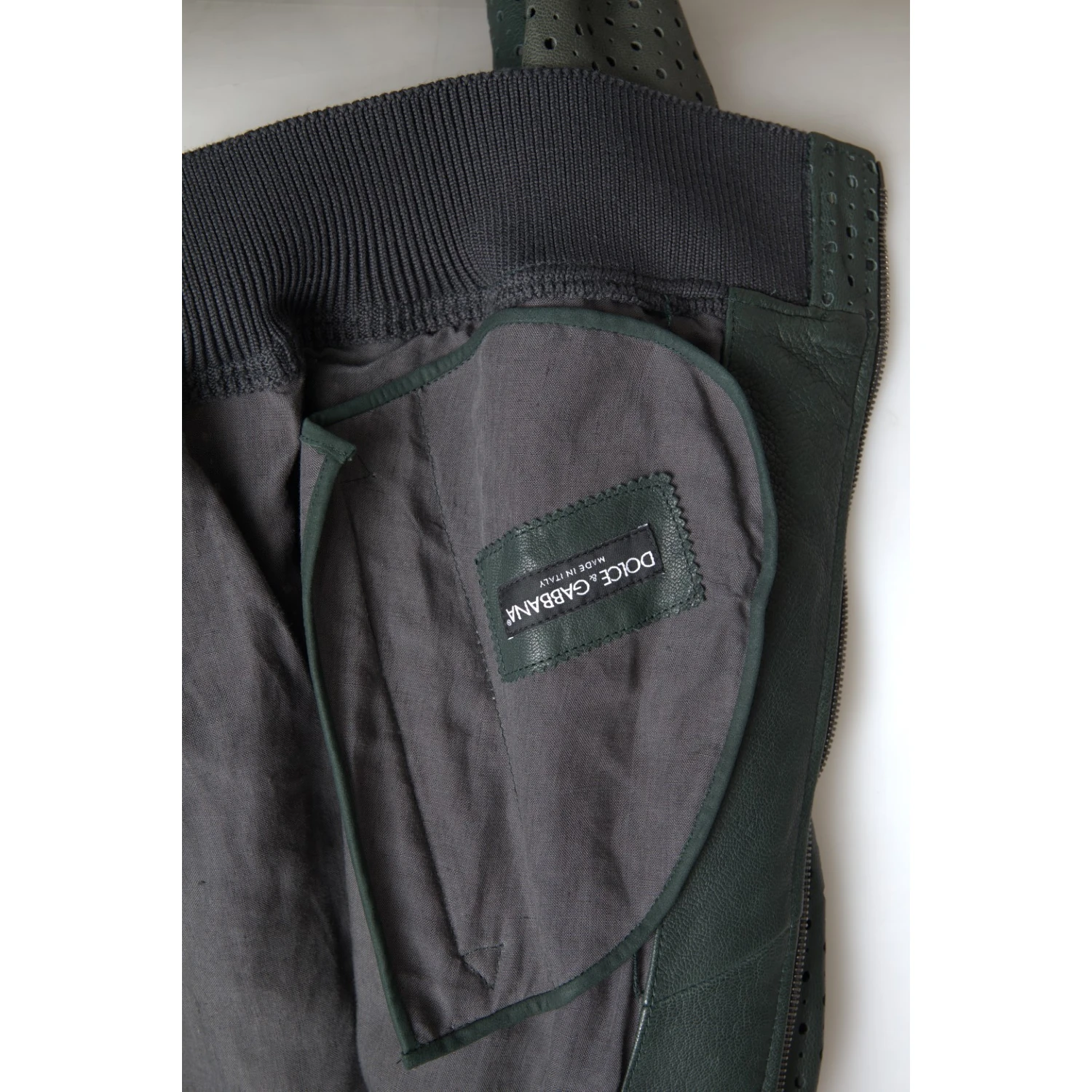 Green Perforated Leather Bomber Jacket