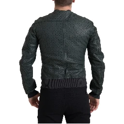 Green Perforated Leather Bomber Jacket