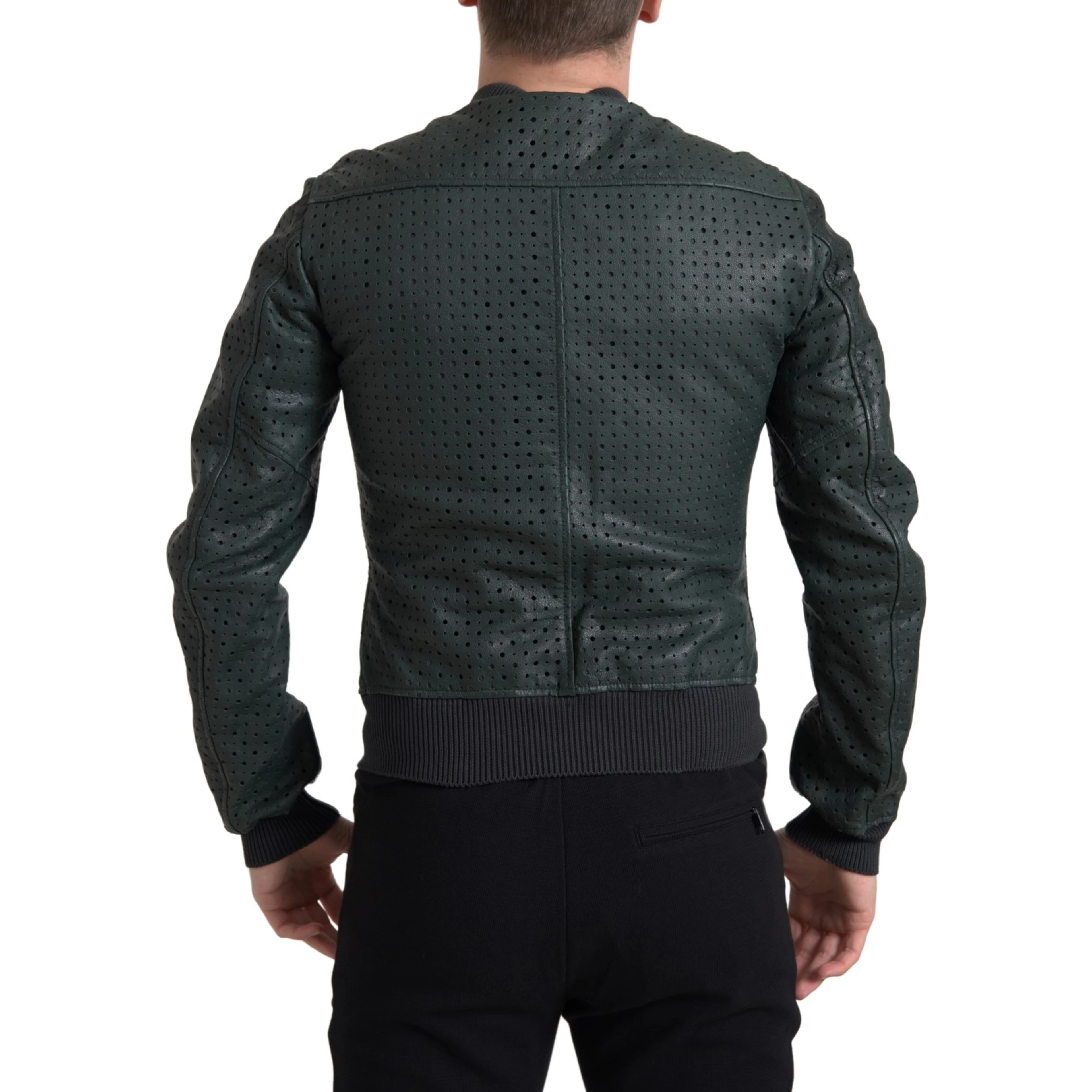 Green Perforated Leather Bomber Jacket
