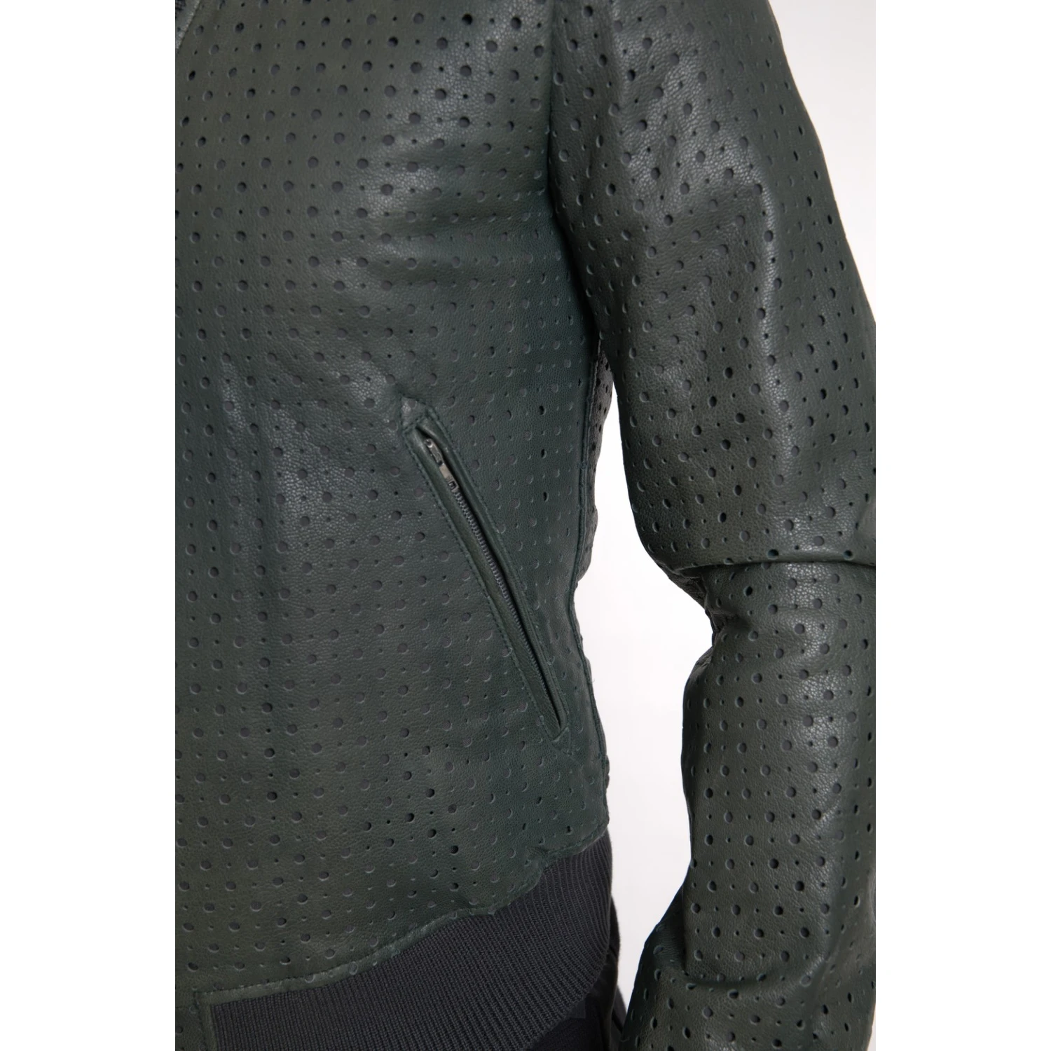 Green Perforated Leather Bomber Jacket