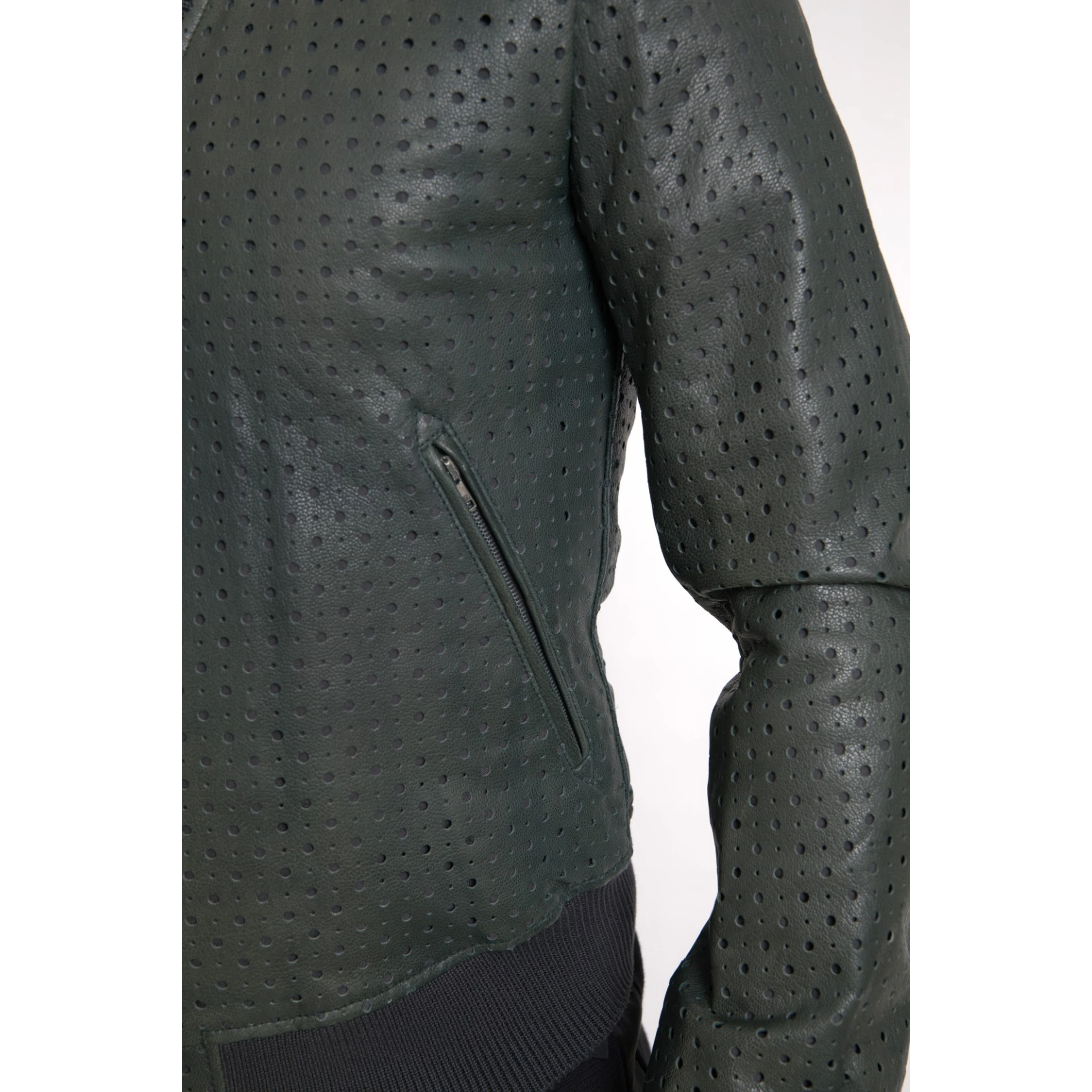 Green Perforated Leather Bomber Jacket
