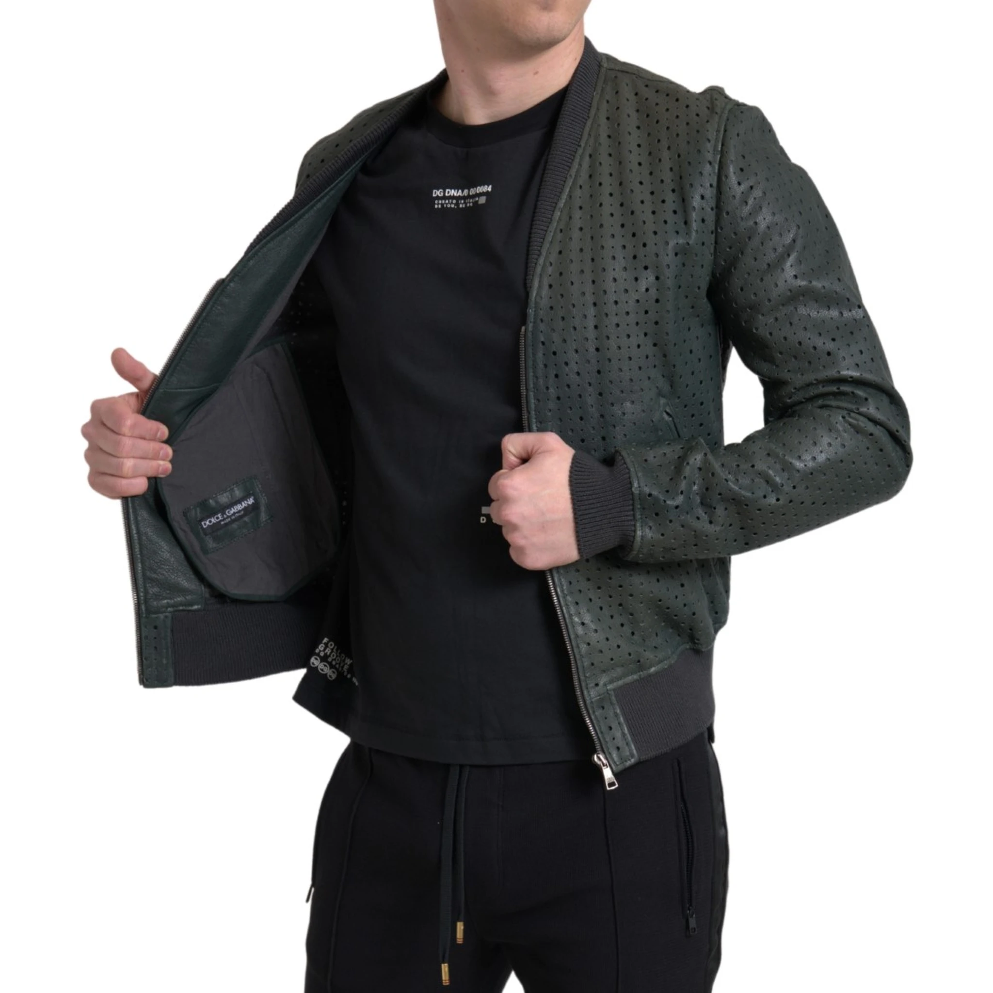 Green Perforated Leather Bomber Jacket