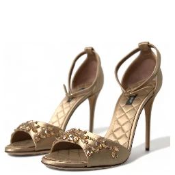 Gold Satin Ankle Strap Crystal Sandals Shoes