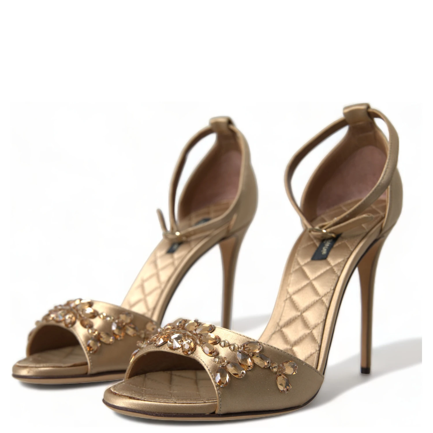 Gold Satin Ankle Strap Crystal Sandals Shoes