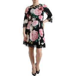 Black Floral Embellished Lace A-line Dress
